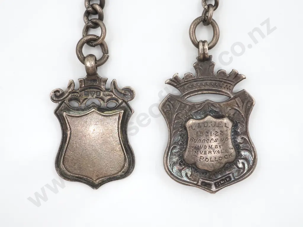 Two Sterling Silver Watch Chains Both With T Bars & Fobs. Image 1++