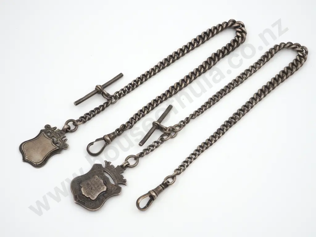Two Sterling Silver Watch Chains Both With T Bars & Fobs. Image 1++