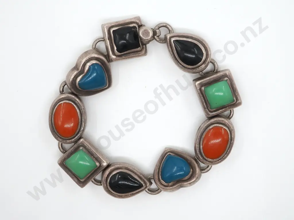 Sterling Silver Multi Coloured Stone Bracelet Set in Square, Hearts & Ovals Image 1++