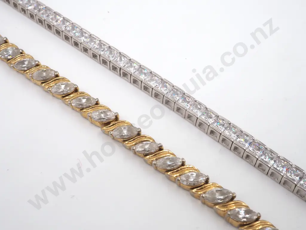 A Silver & White Stone Tennis Bracelet & Gold Plate On Silver Fancy Link Bracelet With White Stones  Image 1++
