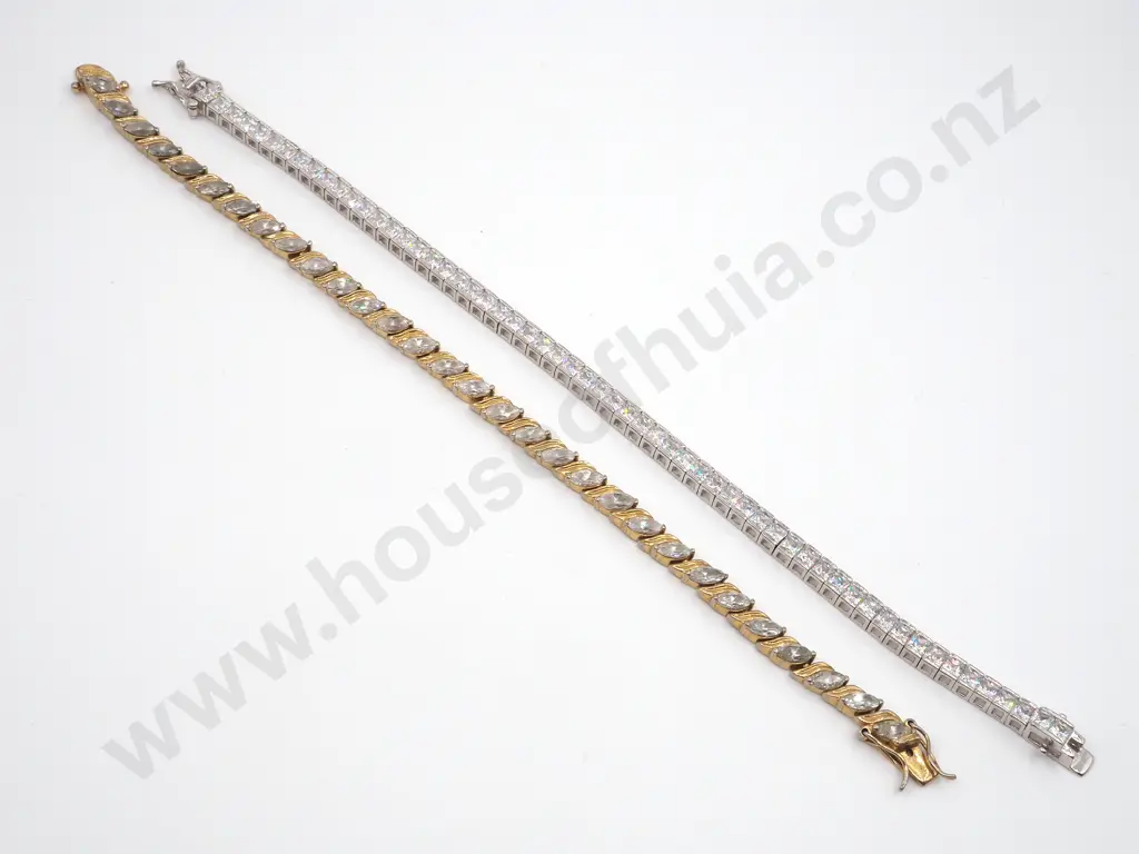 A Silver & White Stone Tennis Bracelet & Gold Plate On Silver Fancy Link Bracelet With White Stones  Image 1++