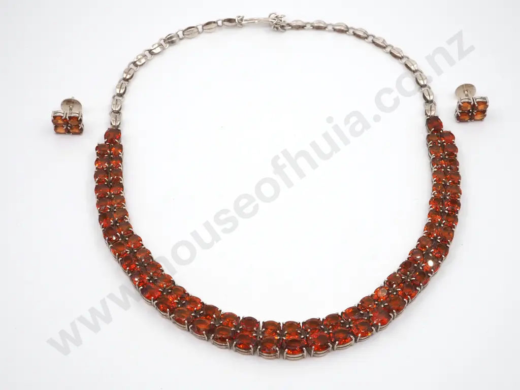 Orange Gemstone Choker Necklace Set In Silver With Matching Earrings  Image 1++