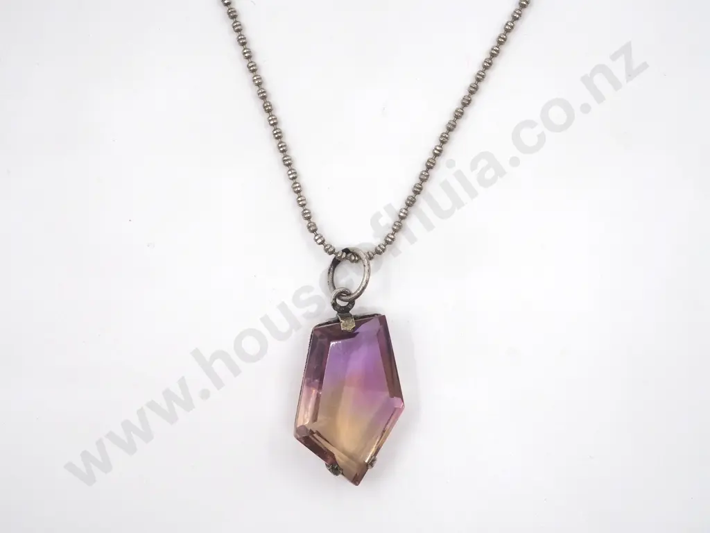 Shaped Coloured Ametrine Pendant Mounted In Silver on Sterling Silver Chain Image 1++