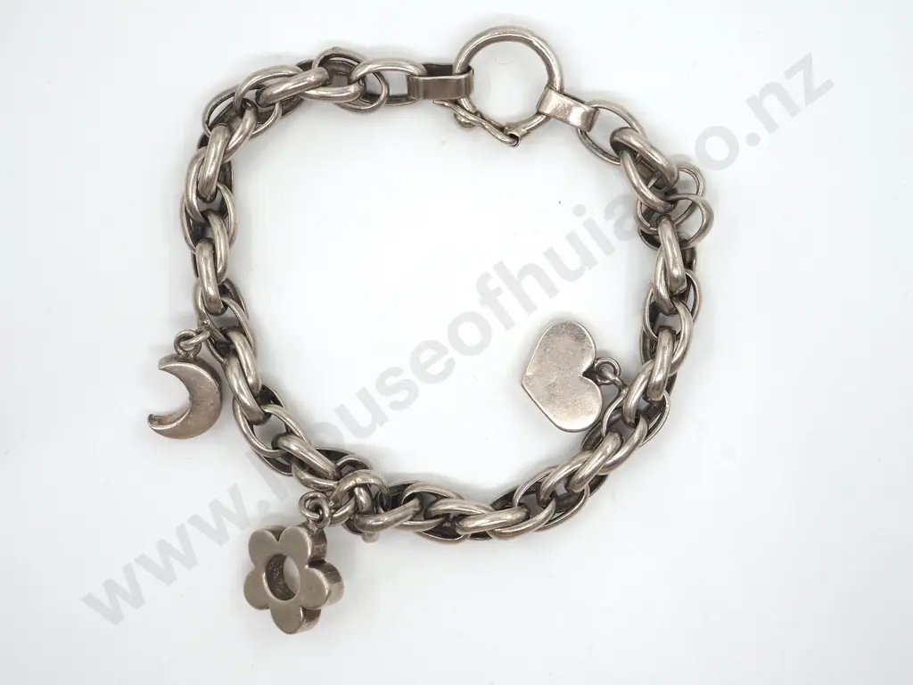 Sterling Silver Heart, Moon & Flower Bracelet  Image 1++