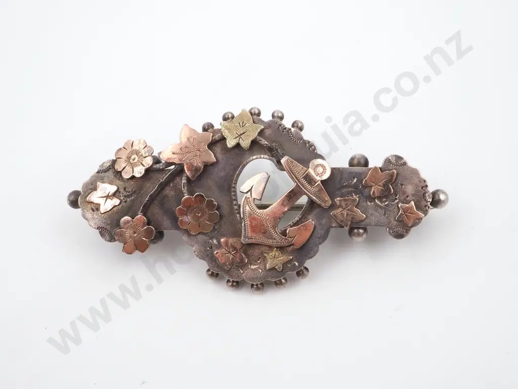 Antique Sterling Silver & Gold Brooch. The Gold in Two Tones Depicting Leaves & Anchor Symbolising Stability & Renewal Image 1++