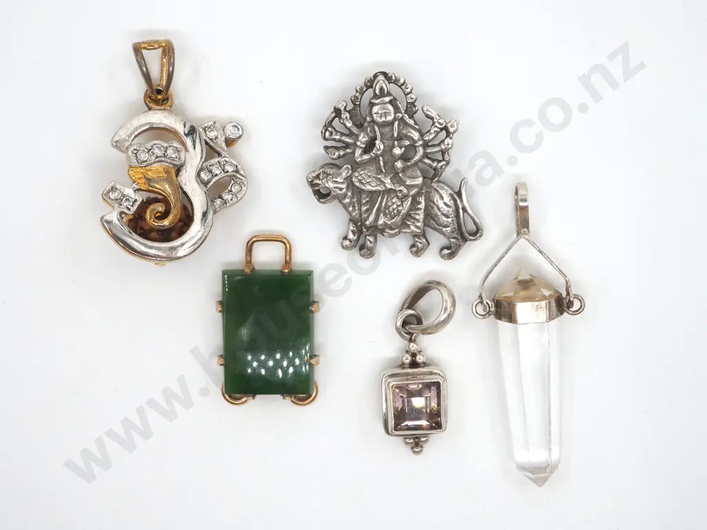Five  Small Pendants Including a Figural Buddha On Tiger, Small Jade Coloured Pendant & A Crystal Pendant Image 1++
