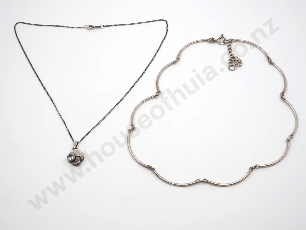 Vintage Sterling Silver Choker Pendant & A Modernist Style Sterling Pendant Inset with A White Stone Image 1++