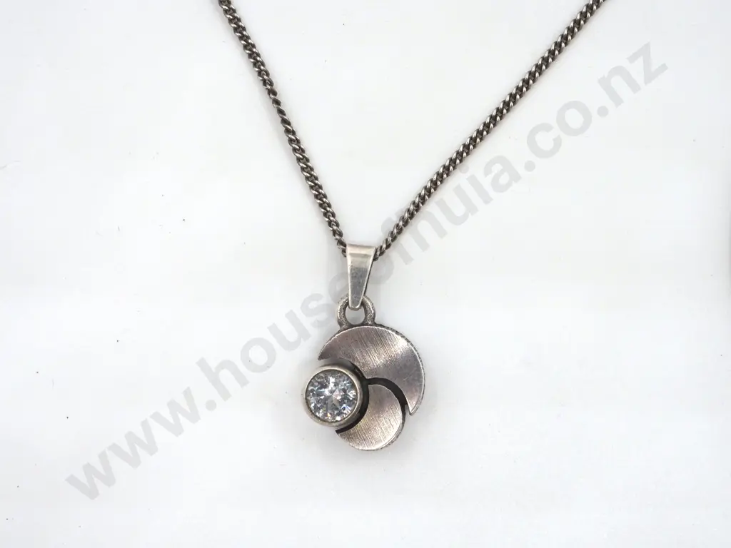 Vintage Sterling Silver Choker Pendant & A Modernist Style Sterling Pendant Inset with A White Stone Image 1++