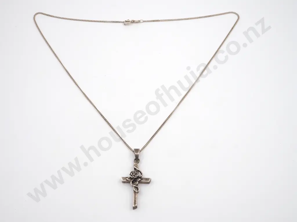 Sterling Silver  Chain With  Rose On Cross  Pendant Image 1++