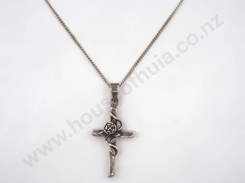 Sterling Silver  Chain With  Rose On Cross  Pendant Image 1++