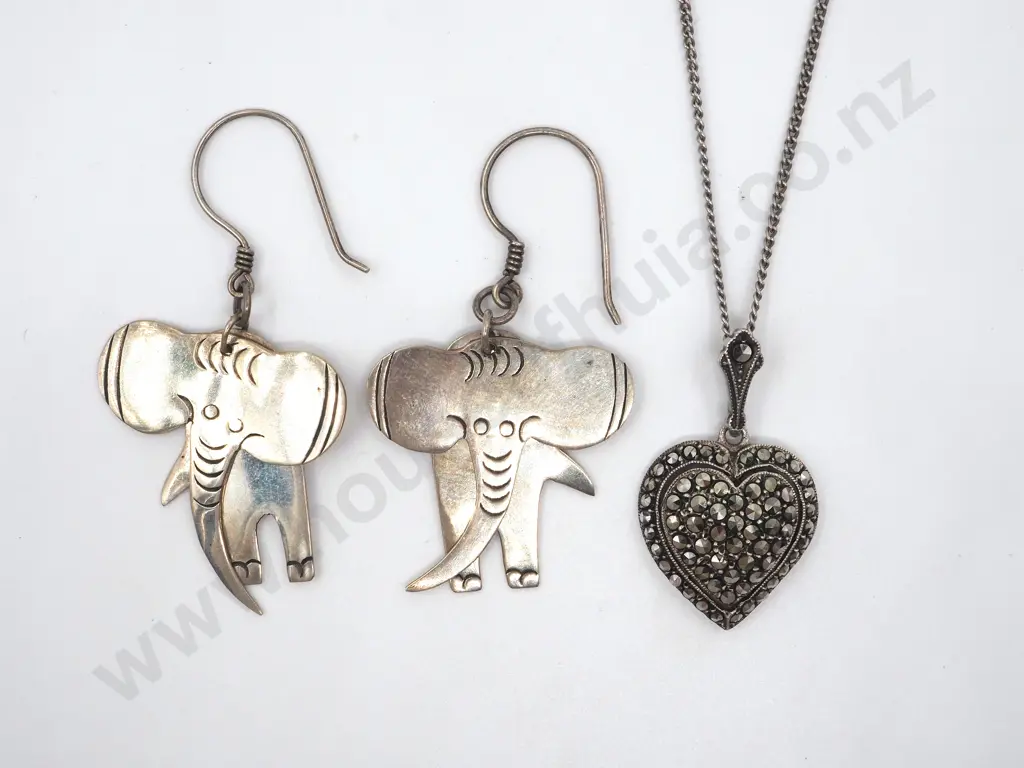 Sterling Silver Sterling Silver & Marcasite Heart Shaped Pendant & Elephant Drop Earrings  Image 1++