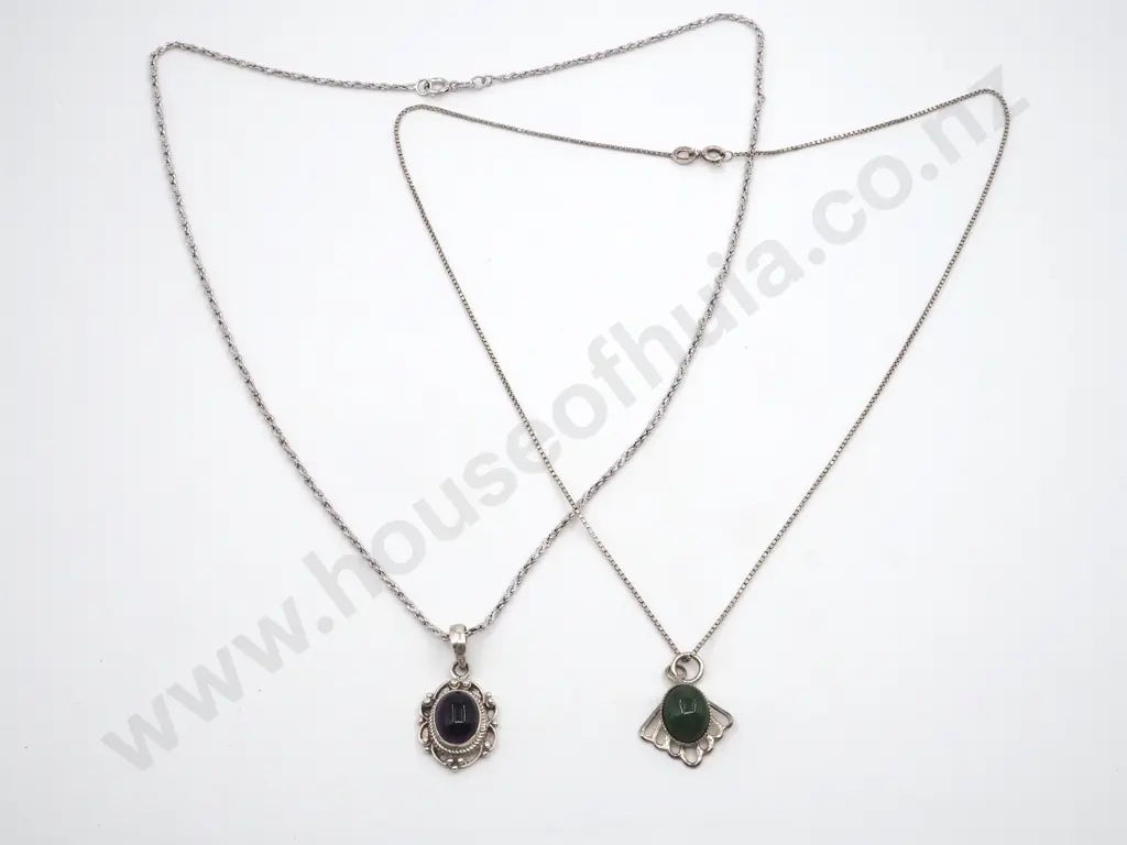 Sterling Silver Greenstone Pendant On Box Link  Chain & An Amethyst Cabochon Pendant On a Rope Twist Chain Image 1++