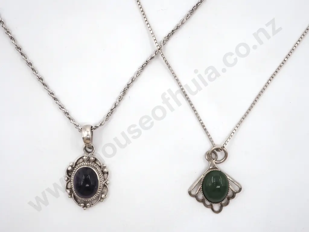 Sterling Silver Greenstone Pendant On Box Link  Chain & An Amethyst Cabochon Pendant On a Rope Twist Chain Image 1++