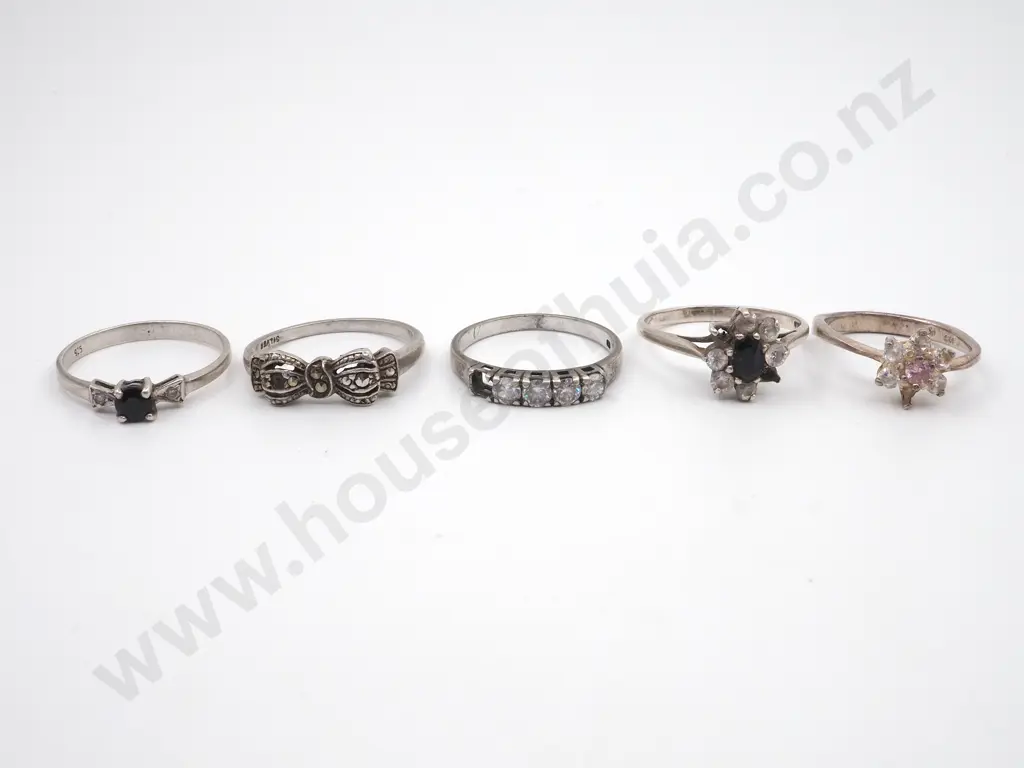 Five Sterling Silver Rings. One A Marcasite Bow Ring. The Others All With Various Coloured Stones Image 1++