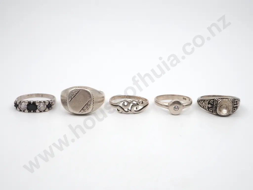 Five Sterling Silver Rings. One Bridge Set With Stones, One Gents Signet Ring, Image 1++