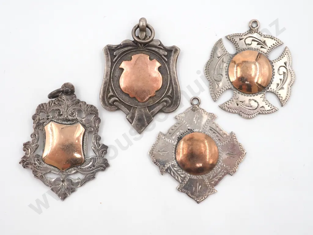 Four Various Sterling Silver Fobs/ Medallions. All With a Central Gold  Coloured Cartouche Image 1++