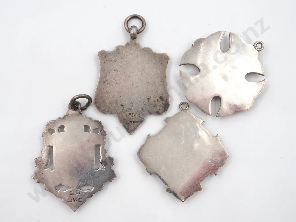 Four Various Sterling Silver Fobs/ Medallions. All With a Central Gold  Coloured Cartouche Image 1++