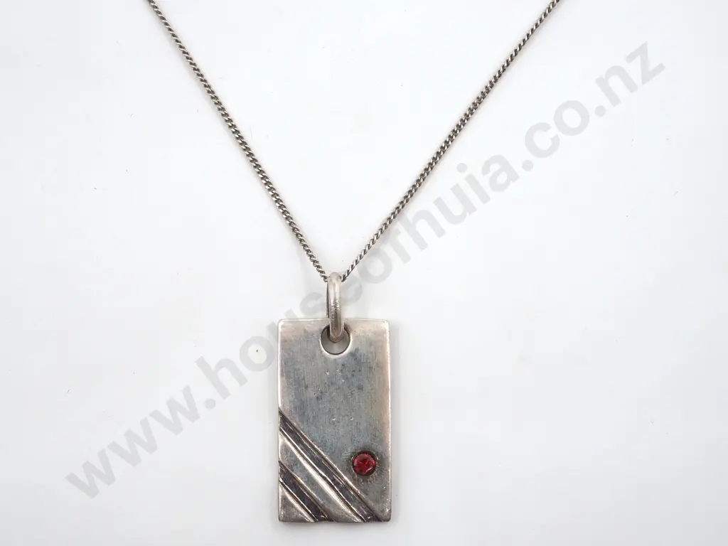 Vintage Sterling Silver Bar Inset With Red Stone On a Chain Image 1++