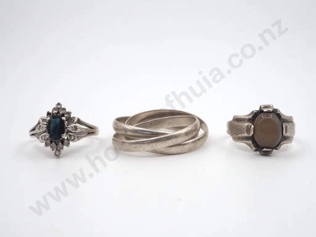 Three Sterling Silver Rings. A Russian Wedding Ring, Blue & White Stone Dress Ring & An Oval Stone Ring Image 1++