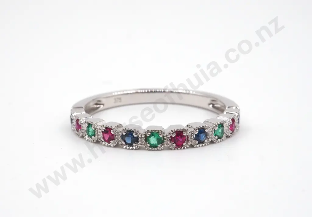 9ct White Gold Emerald, Ruby & Sapphire Stacker Ring Image 1++