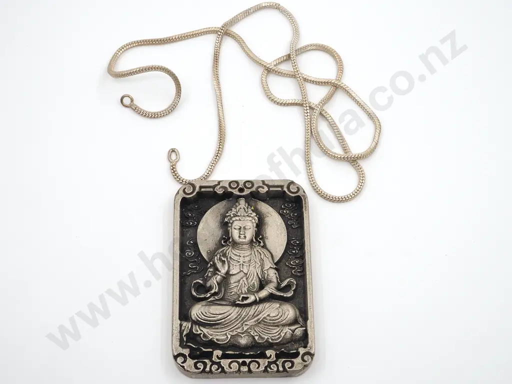Large Rectangular Metal Amulet  Pendant Depicting Kwan Yub  On a Box Link Chaind Image 1++