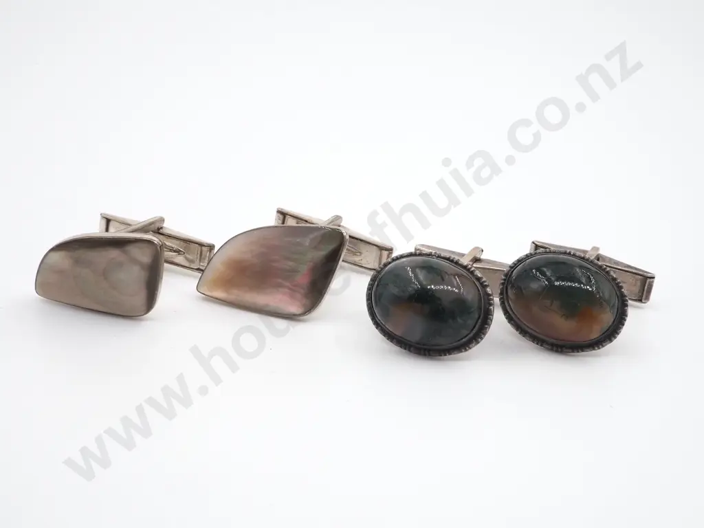 Two Pairs of Sterling Silver Cufflinks- One Agate & the other MOP  Image 1++