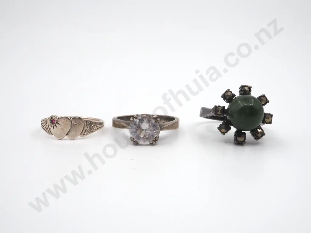 Three Sterling Silver Rings, One a Signature Ring, Greenstone Ring & a Solitaire Image 1++