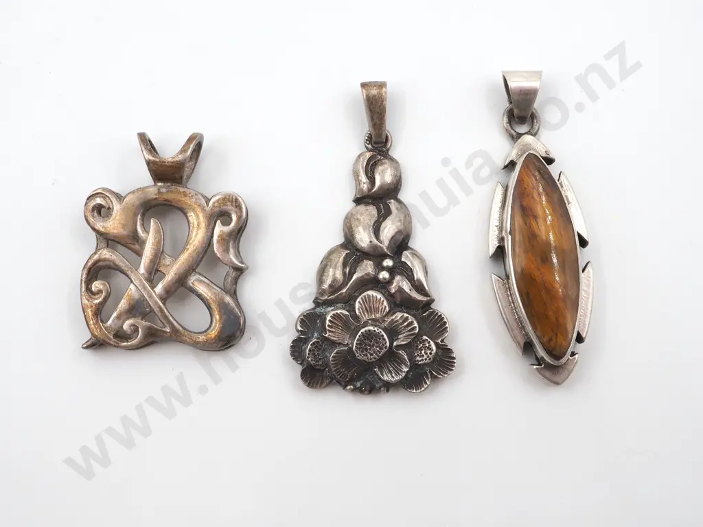Three Sterling Silver Pendants. One with Tiger's Eye Inset  Image 1++