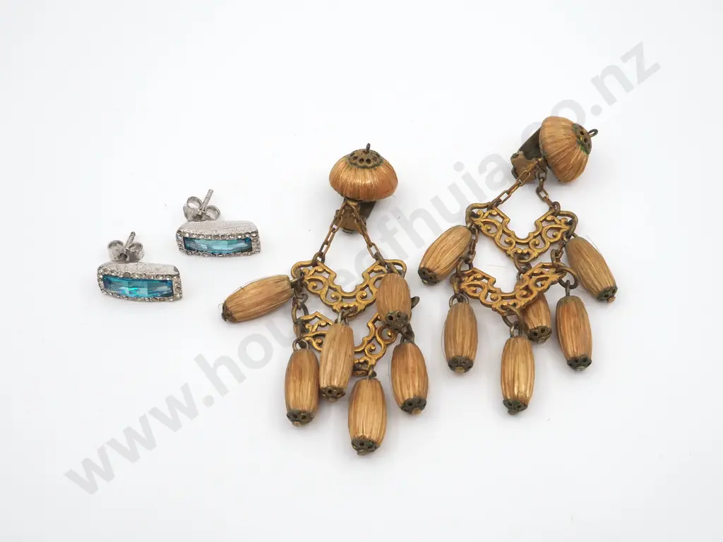 Pair of Bernasconi Blue & White Stone Earrings & a Pair of Copper Coloured Drop Earrings  Image 1++