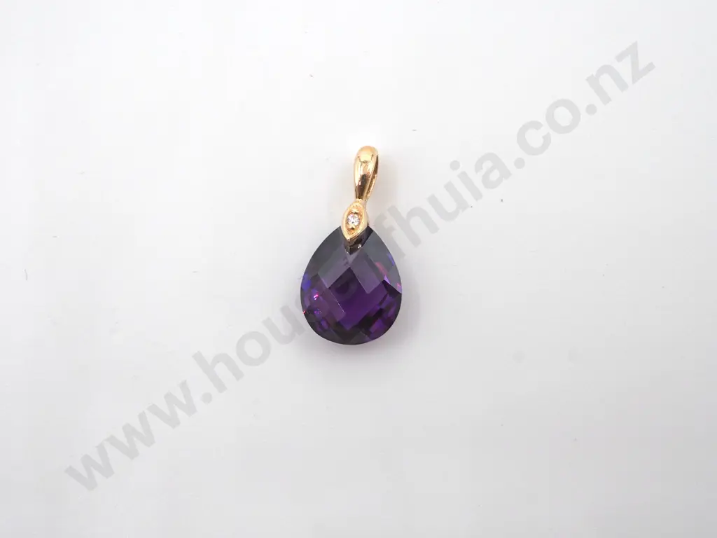 9ct Yellow Gold & Amethyst CZ Drop Pendant Image 1++