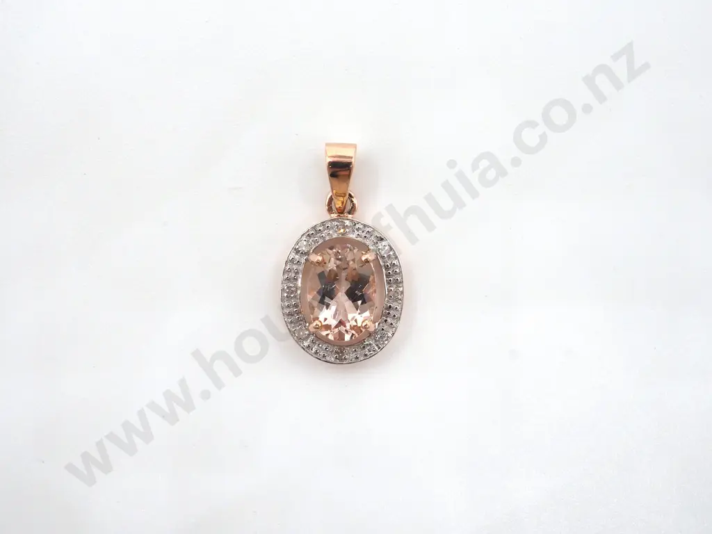 9ct Morganite & Diamond Pendant of Oval Form Image 1++