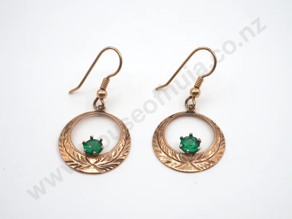 Pair Of  9ct Gold Engraved Hoop Earrings w A Central Green Gemstone Image 1++