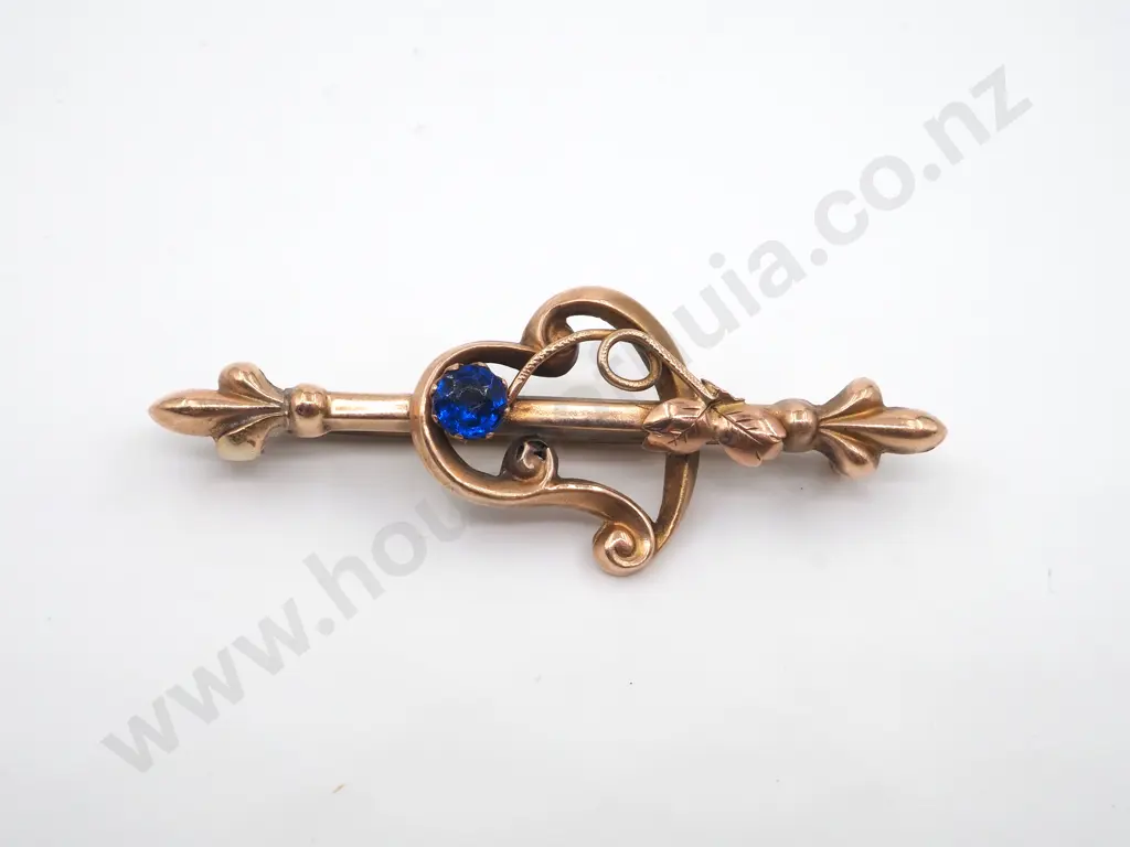 9ct Gold Bar Brooch w Initial B & A Blue Stone Image 1++
