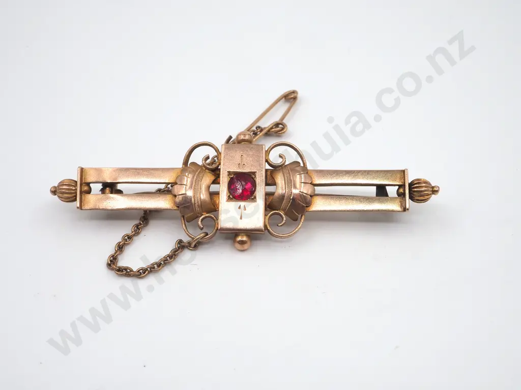 Antique 9ct Gold Double Bar Brooch Set with Red Stone. Marked Chester  1908 Image 1++