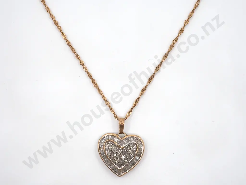 9ct Diamond Heart Pendant Suspended On a Fine 9ct Gold Chain Image 1++