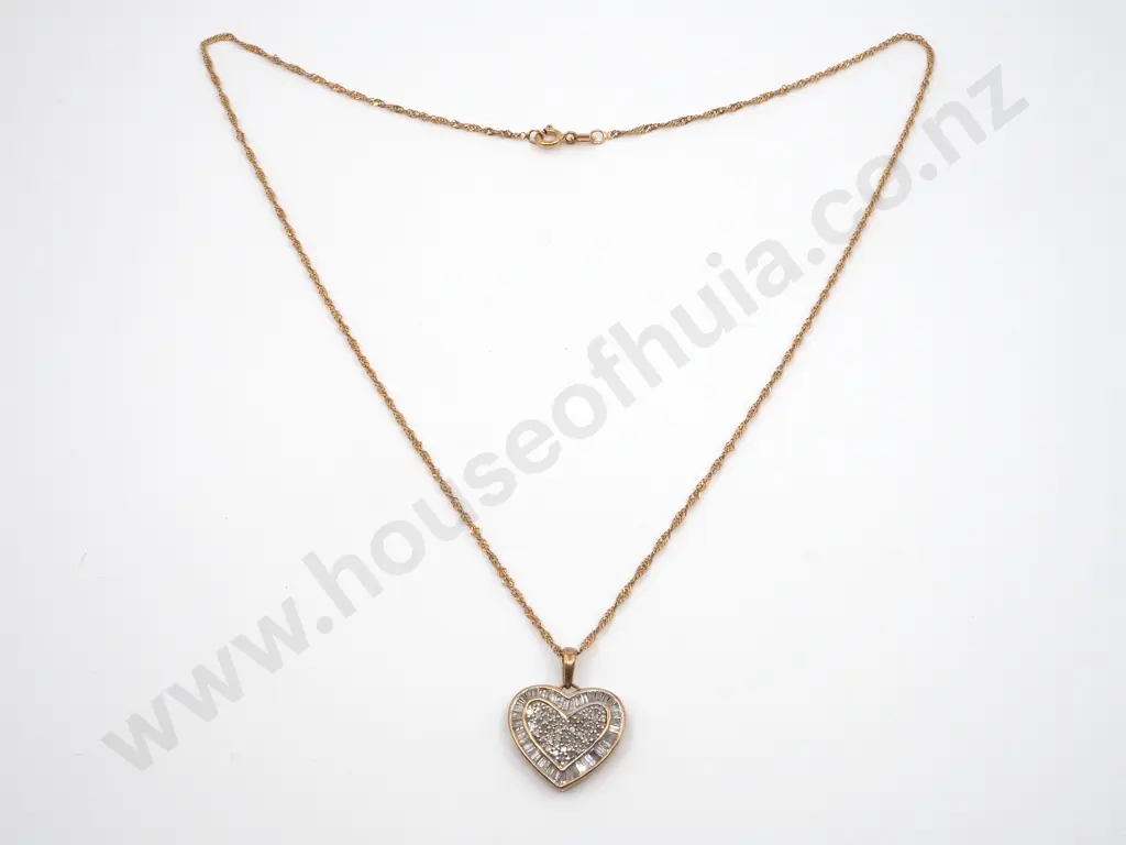 9ct Diamond Heart Pendant Suspended On a Fine 9ct Gold Chain Image 1++