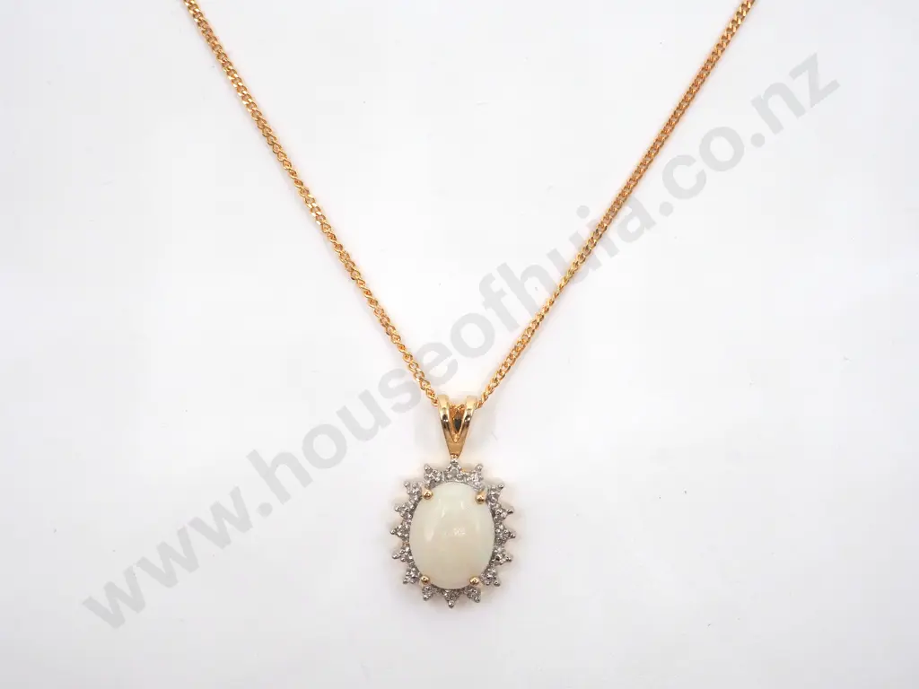 Oval Milk Opal & CZ Pendant & Chain Image 1++
