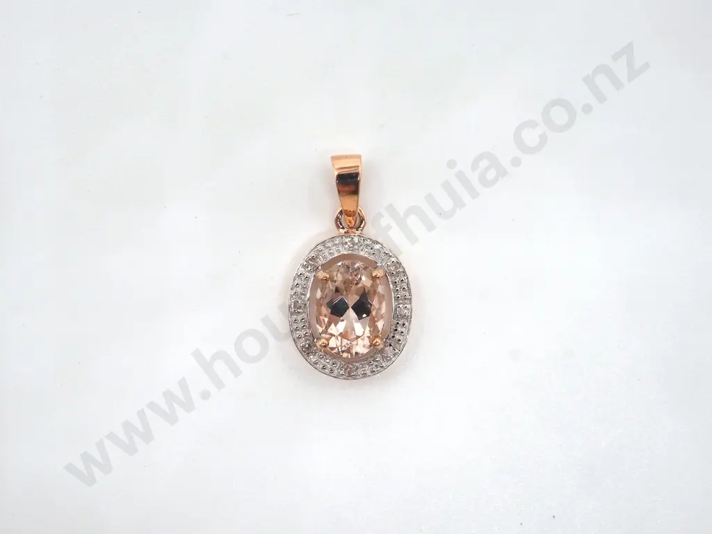 9ct Morganite & Diamond Pendant of Oval Form Image 1++