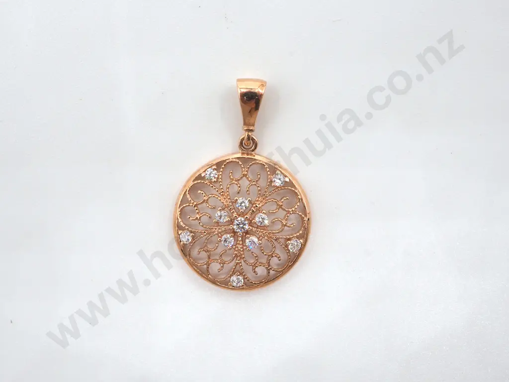 9ct Rose Gold & CZ Filigree Pendant Image 1++