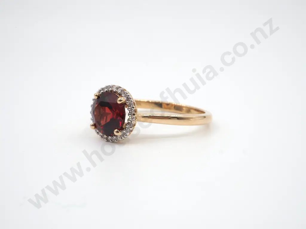 9ct Yellow Gold Diamond & Garnet Halo Ring Image 1++