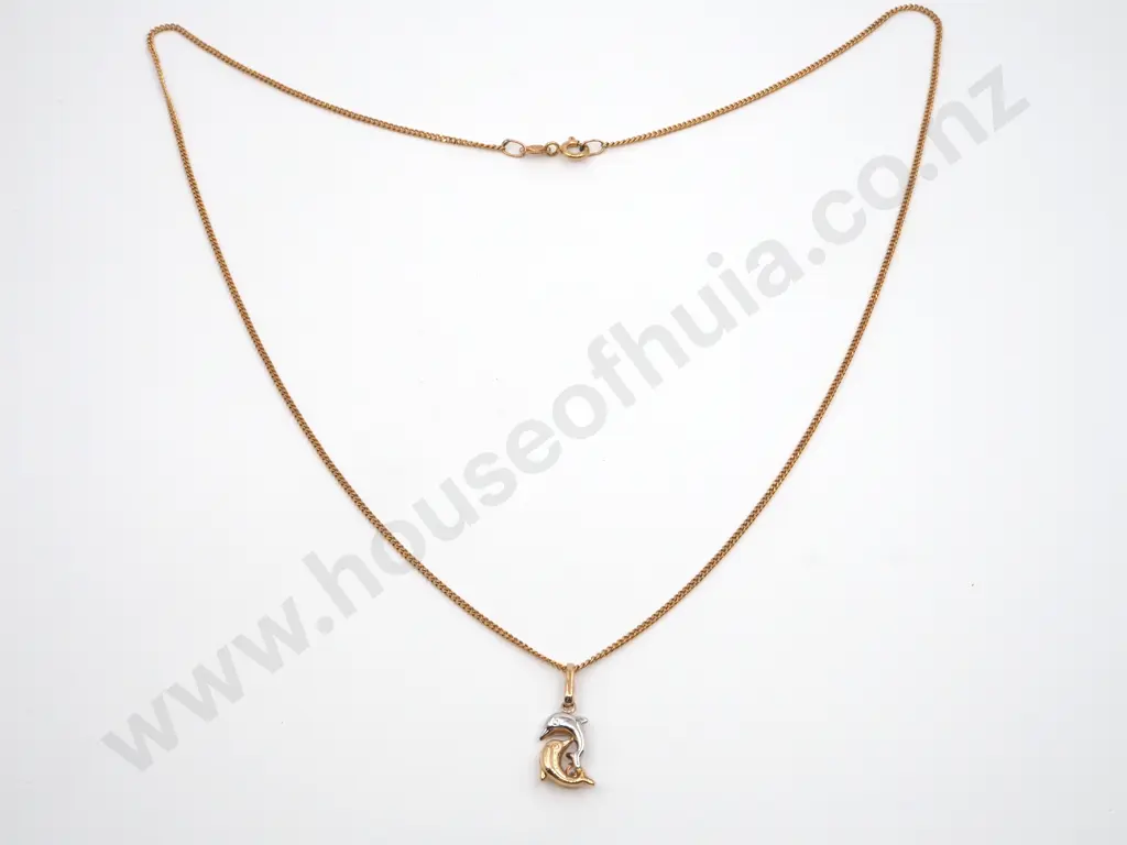 9ct Gold Chain & Pendant. The Pendant Depicting Two Intertwined Dolphins in White & Yellow Gold  & Inset with a Diamond Image 1++