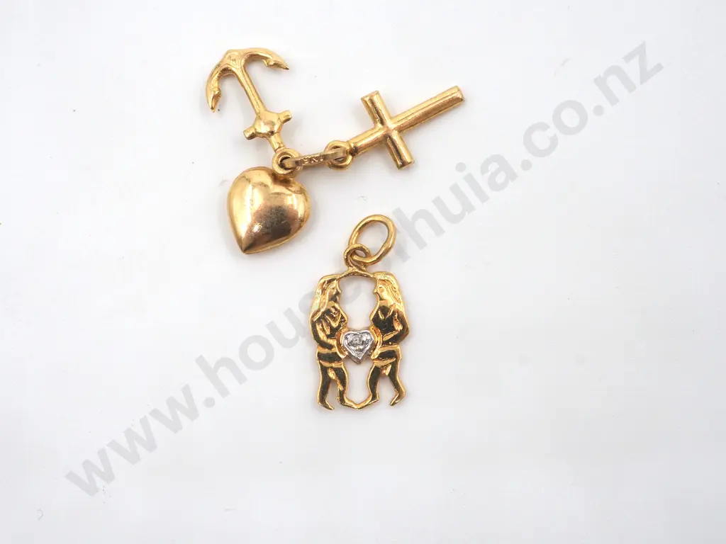 Two 9ct Gold Charms. One With A Cross, An Anchor & A Heart & The Other A Couple Joined By A Heart Image 1++