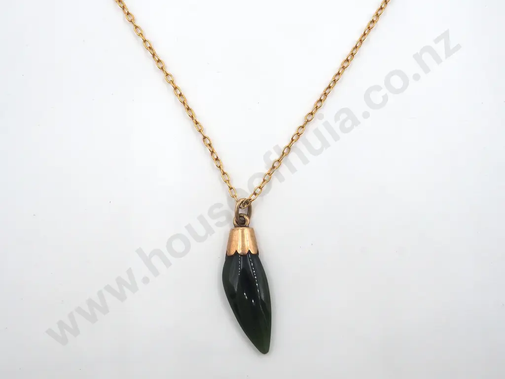 Colonial Greenstone Pendant w 9ct Gold Cap on Gold Plate Chain Image 1++