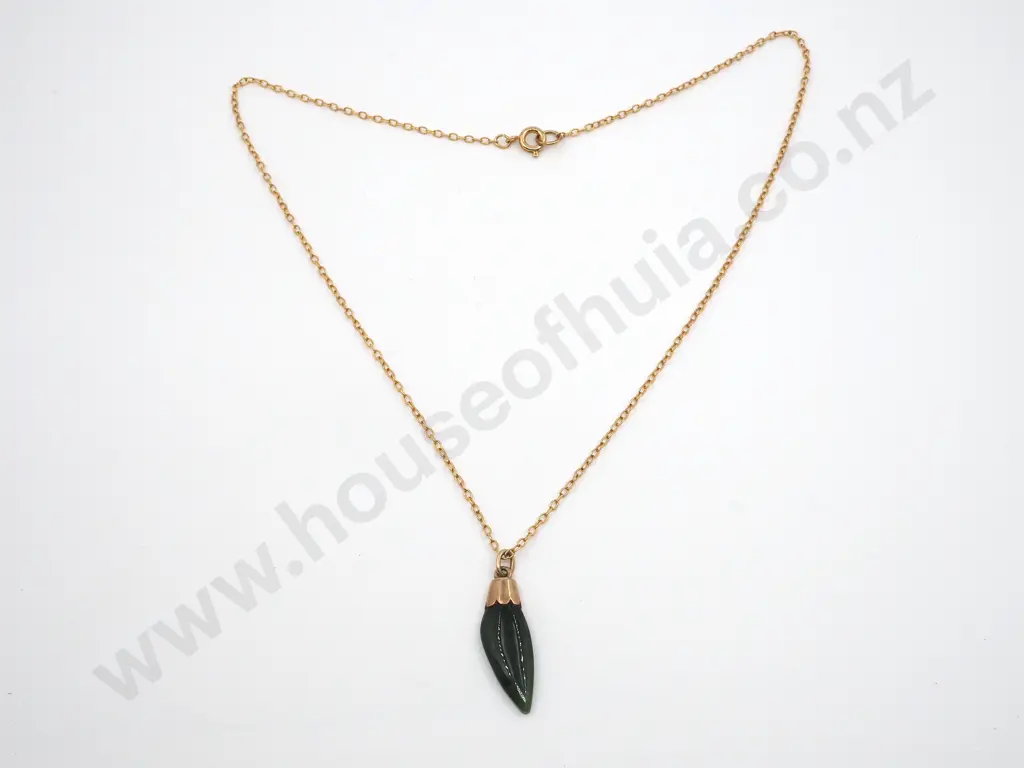 Colonial Greenstone Pendant w 9ct Gold Cap on Gold Plate Chain Image 1++