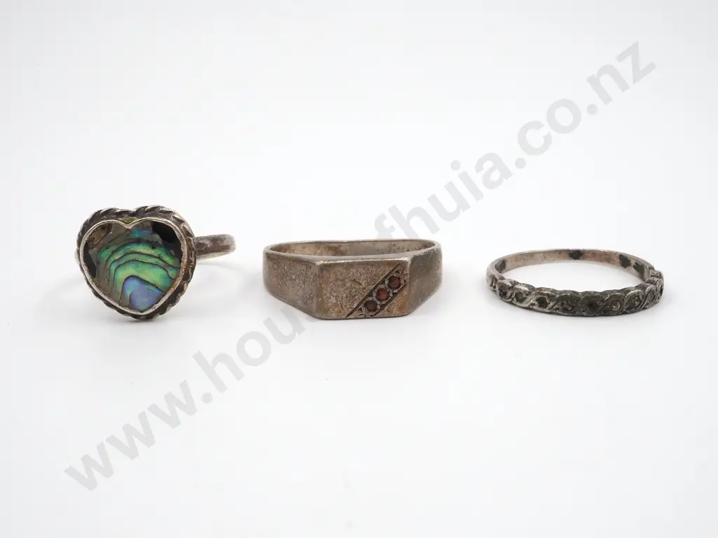 Three Sterling Silver Rings. One A heart shaped Paua Shell Ring  Image 1++