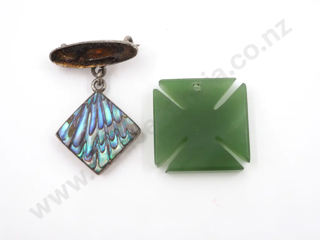Two Colonial New Zealand Pieces - Sterling Silver & Paua Brooch A/F & Greenstone Maltese Cross missing Bail Image 1++