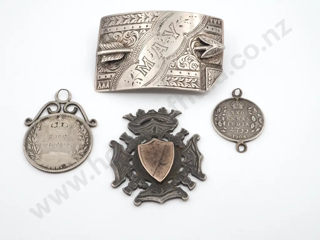 Antique Sterling Silver Pieces incl Arrow BroochA/F. Award Fob A/F & Two Coin Pendants Image 1++