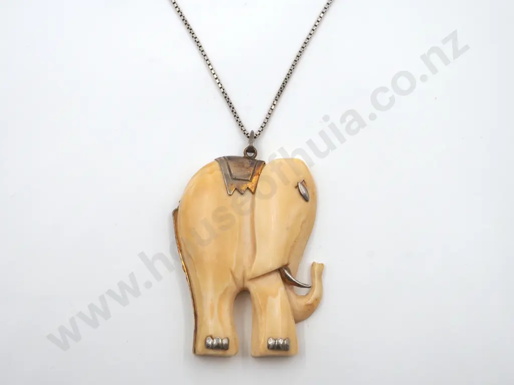 Sterling Silver Mounted Stylised Ivory Elephant On Silver Box Link Chain Image 1++