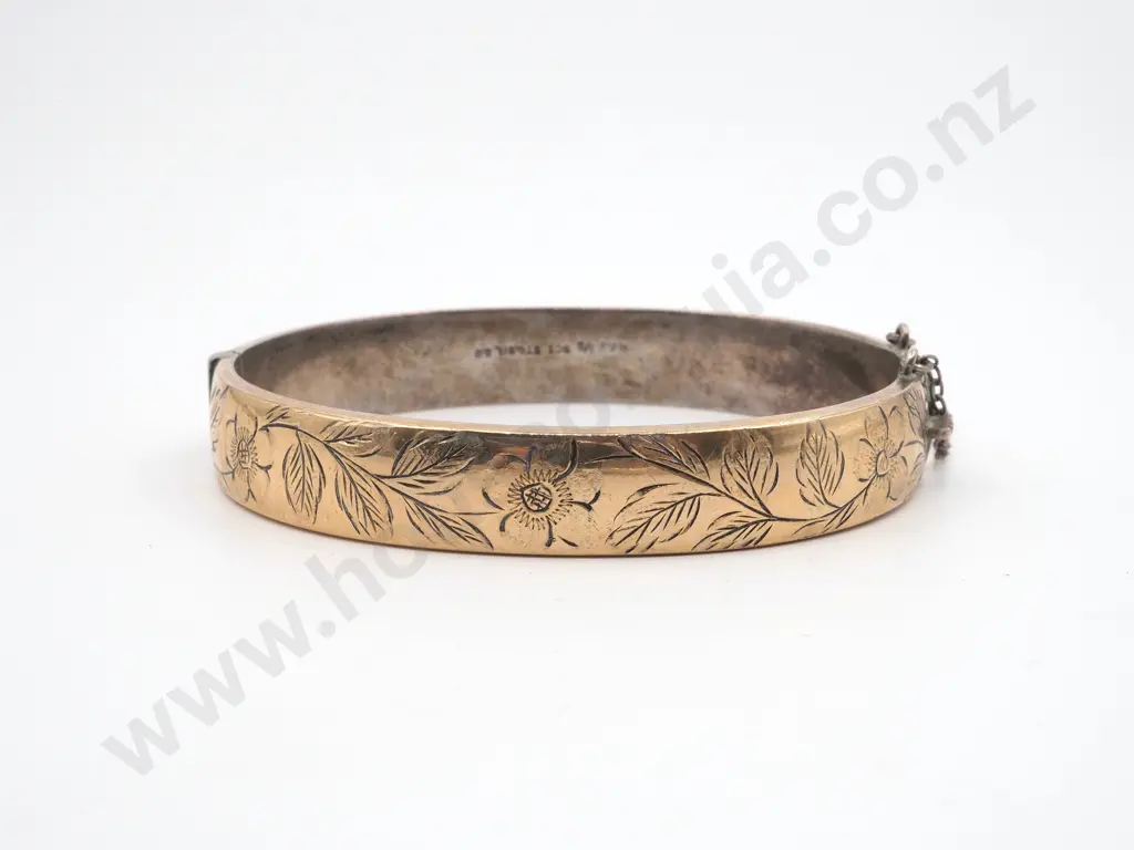 Sterling Silver Gilt Snap Bangle With Engraved Front & Safety Chain Image 1++