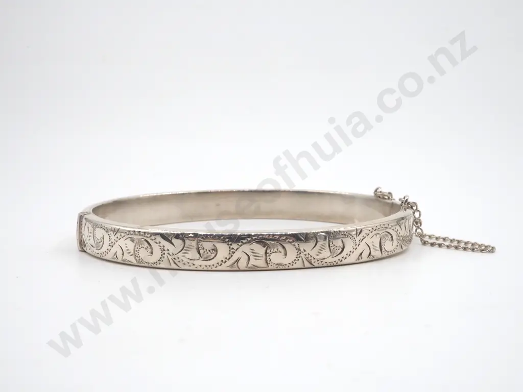 Sterling Silver Snap Bangle With Engraved Front & Safety Chain Image 1++
